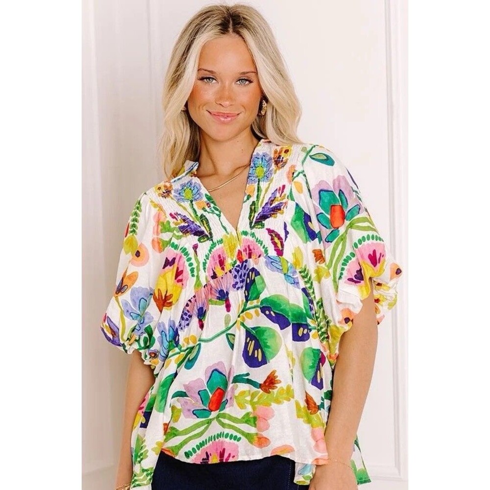 Entro Womens Floral Smocked Puff Sleeve V Neck Blouse Tropical Boho Indie L